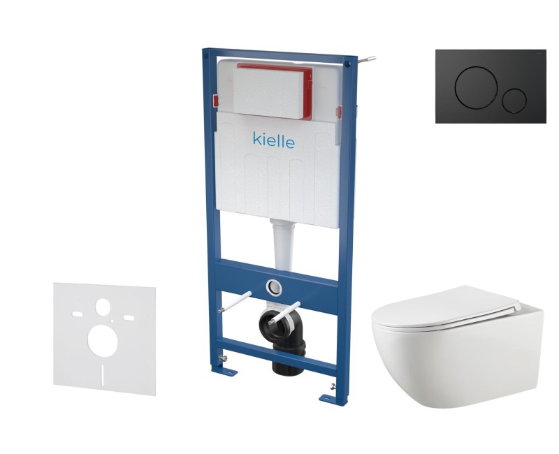 Tualetes poda komplekts Kielle Genesis piekaramais pods Gaia Rimless, rāmis ar Melnu pogu Gemini IV, un SoftClose Vāku