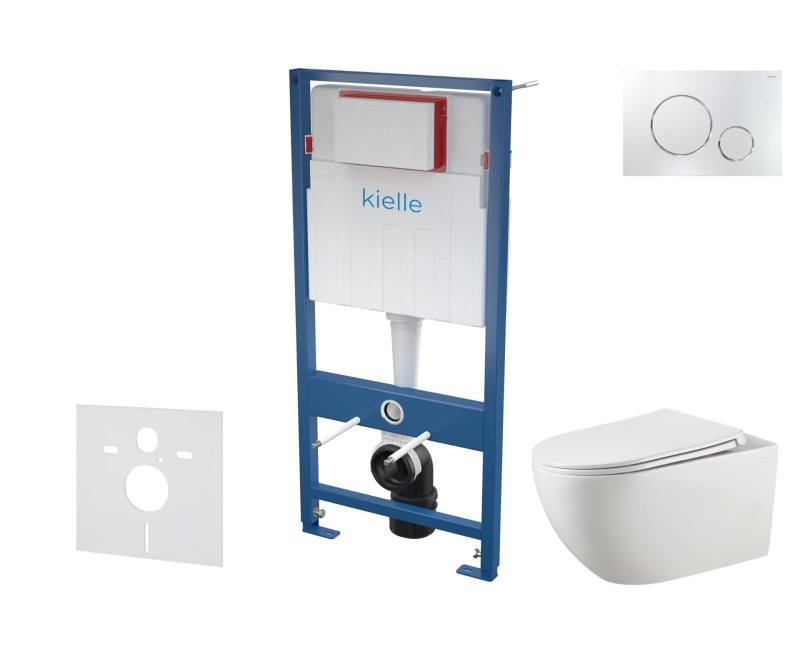 Комплект подвесной унитаз Kielle Genesis Rimless, рама с кнопкой Chrome Gaia Gemini II и крышкой SoftClose