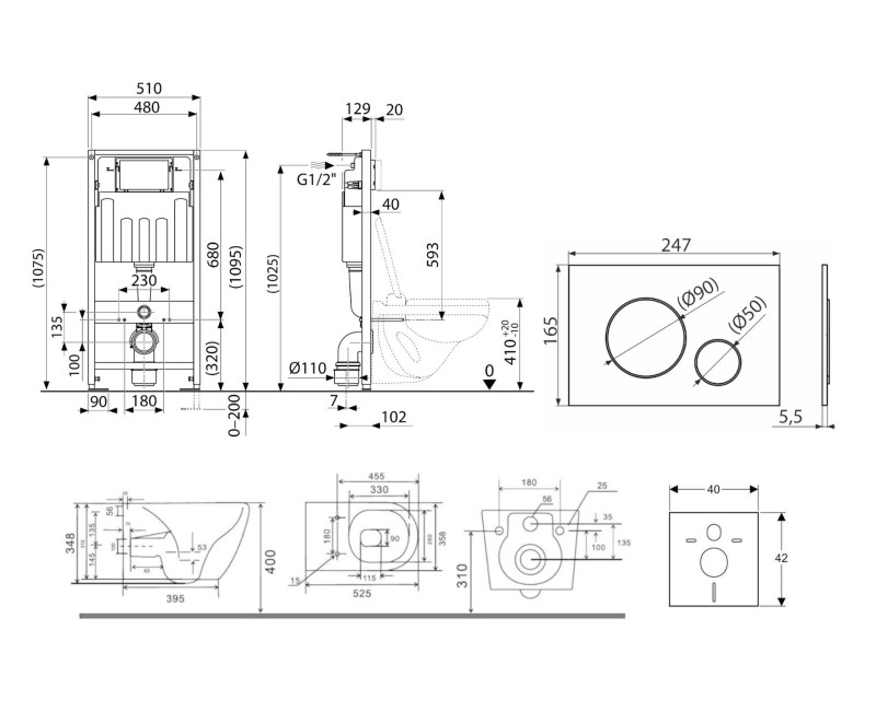 Комплект подвесной унитаз Kielle Genesis Rimless, рама с кнопкой Chrome Gaia Gemini II и крышкой SoftClose