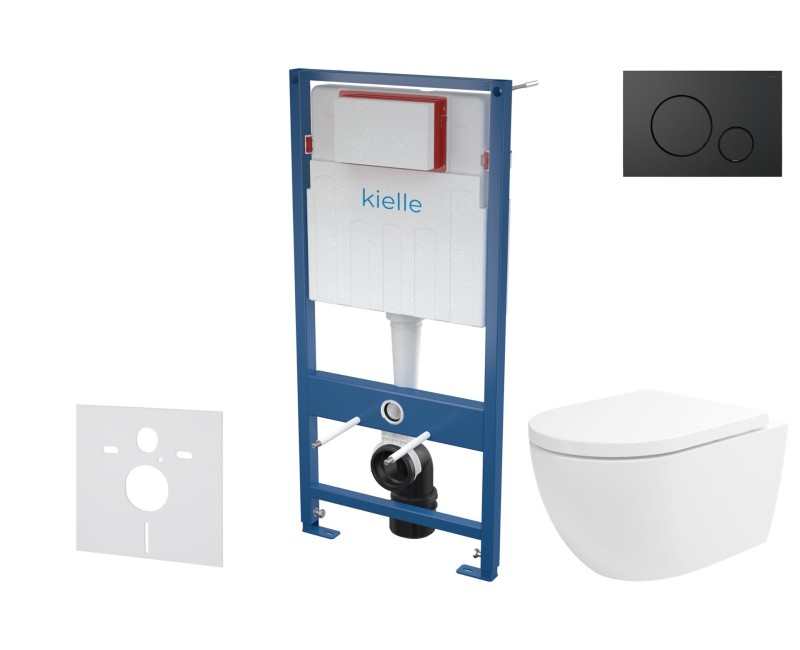 Tualetes poda komplekts Kielle Genesis piekaramais pods Oudee Rimless, rāmis ar Melnu pogu Gemini IV un SoftClose Vāku