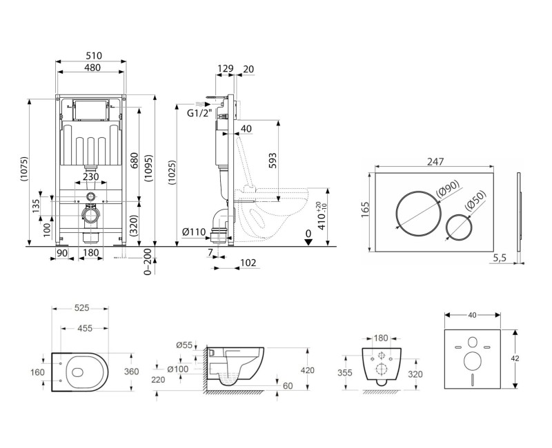 Tualetes poda komplekts Kielle Genesis piekaramais pods Oudee Rimless, rāmis ar Melnu pogu Gemini IV un SoftClose Vāku