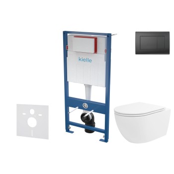 Tualetes poda komplekts Kielle Genesis piekaramais pods Oudee Rimless, rāmis ar Melnu pogu Gemini III un SoftClose Vāku