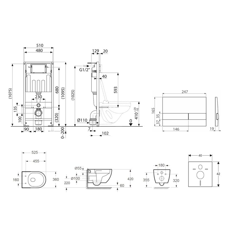 Комплект подвесной унитаз Kielle Genesis Oudee Rimless, рама с кнопкой Chrome Gemini I и крышкой SoftClose