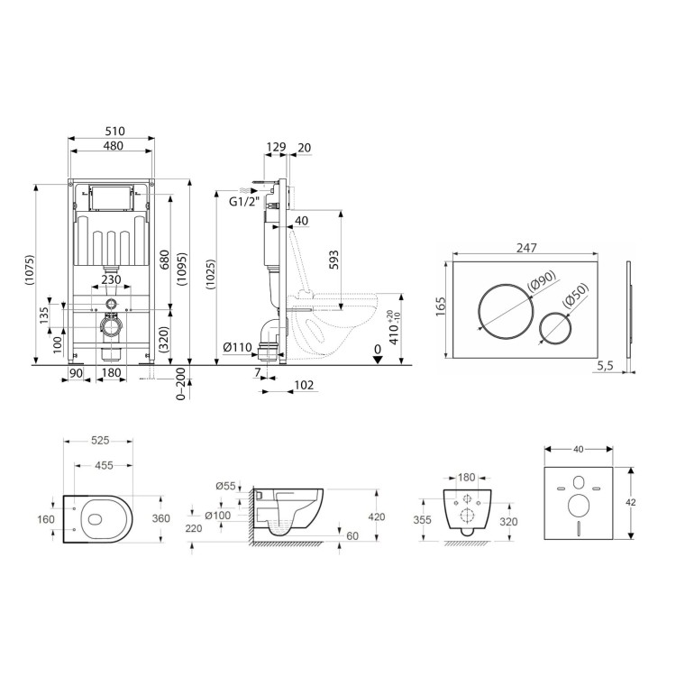 Комплект подвесной унитаз Kielle Genesis Oudee Rimless, рама с кнопкой Chrome Gemini II и крышкой SoftClose