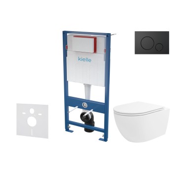 Tualetes poda komplekts Kielle Genesis piekaramais pods Oudee Rimless, rāmis ar Melnu pogu Gemini IV,  un SoftClose Vāku