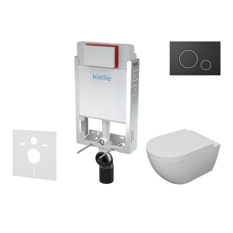 Tualetes poda komplekts Kielle Genesis piekaramais pods Rimless, rāmis ar Melnu pogu Gemini II un SoftClose Vāku Tualetes poda komplekts Kielle Genesis piekaramais pods Rimless, rāmis ar Melnu pogu Gemini II un SoftClose Vāku