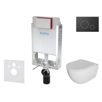 Комплект подвесной унитаз Kielle Genesis Oudee Rimless, рама с черной кнопкой Gemini II и крышкой SoftClose