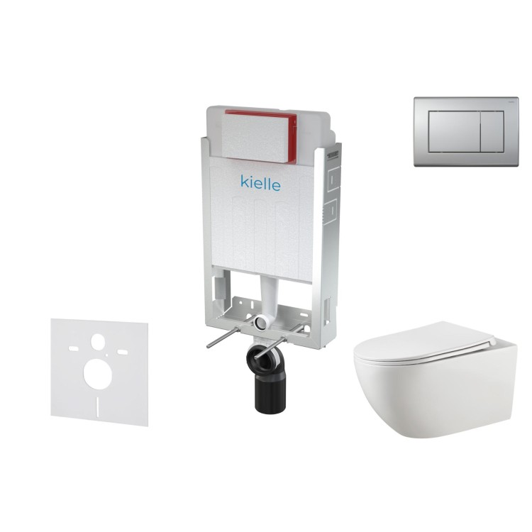 Tualetes poda komplekts Kielle Genesis piekaramais pods Gaia Rimless, rāmis ar matēta hroma pogu Gemini III un SoftClose Vāku Tualetes poda komplekts Kielle Genesis piekaramais pods Gaia Rimless, rāmis ar matēta hroma pogu Gemini III un SoftClose Vāku