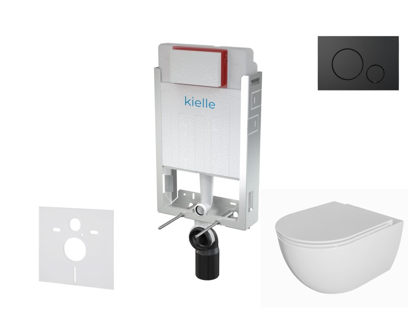 Комплект подвесной унитаз Kielle Genesis Oudee Rimless, рама с черной кнопкой Gemini IV и крышкой SoftClose