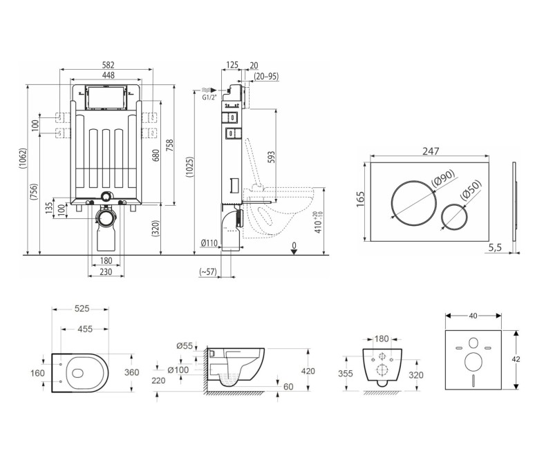 Комплект подвесной унитаз Kielle Genesis Oudee Rimless, рама с кнопкой Chrome Gemini II и крышкой SoftClose