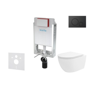 Tualetes poda komplekts Kielle Genesis piekaramais pods Oudee Rimless, rāmis ar Melnu pogu Gemini IV un SoftClose Vāku
