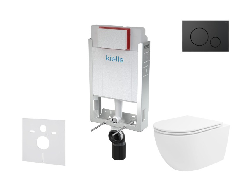 Tualetes poda komplekts Kielle Genesis piekaramais pods Oudee Rimless, rāmis ar Melnu pogu Gemini IV un SoftClose Vāku