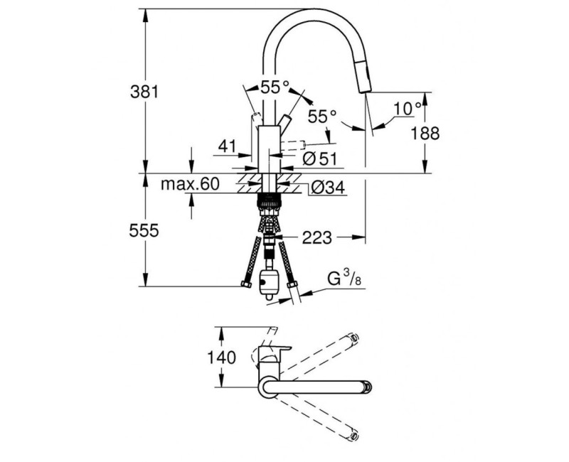 Virtuves maisītājs Grohe Feel ar izvelkamu galvu, PVD virsma, Supersteel 31486DC1