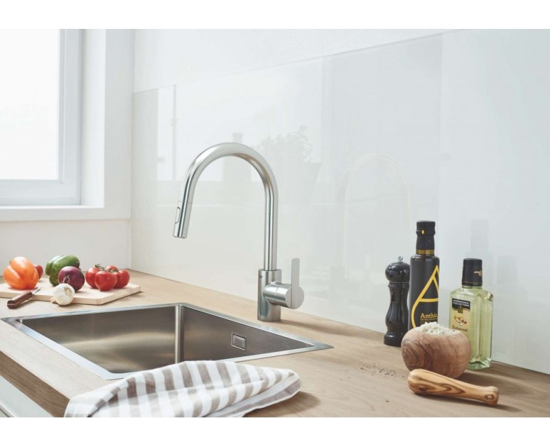 Virtuves maisītājs Grohe Feel ar izvelkamu galvu, PVD virsma, Supersteel 31486DC1