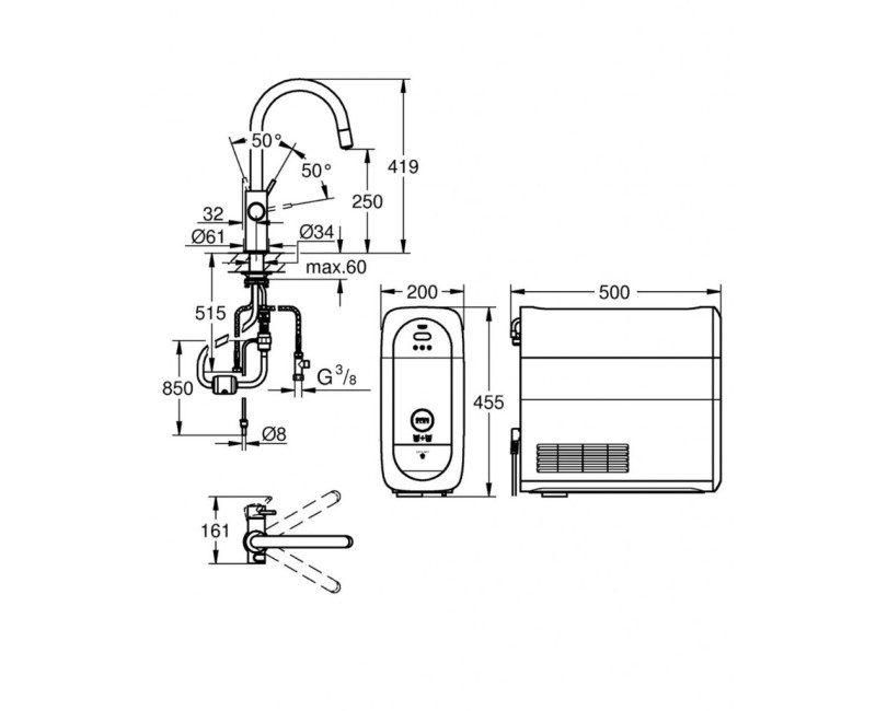 Смеситель для кухни GROHE Blue Home Connected с фильтром поверхностью PVD, Суперсталь 31541DC0