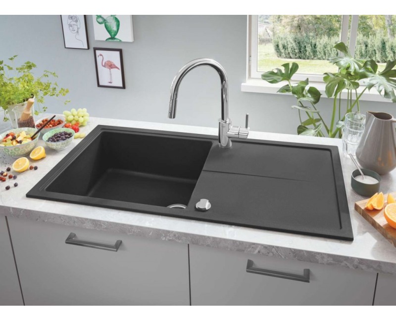 Virtuves izlietne Grohe K400 Granīta ar automātisko noteci, 100x50cm Whisper izolācija, Melna 31641AP0