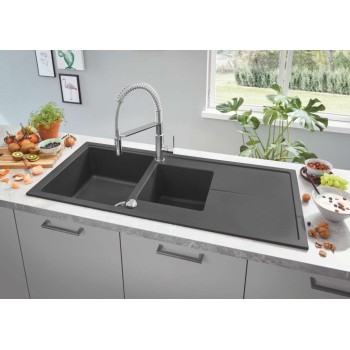 Virtuves izlietne Grohe K400 Granīta ar automātisko noteci, 116x50cm, Whisper izolācija Melna 31643AP0