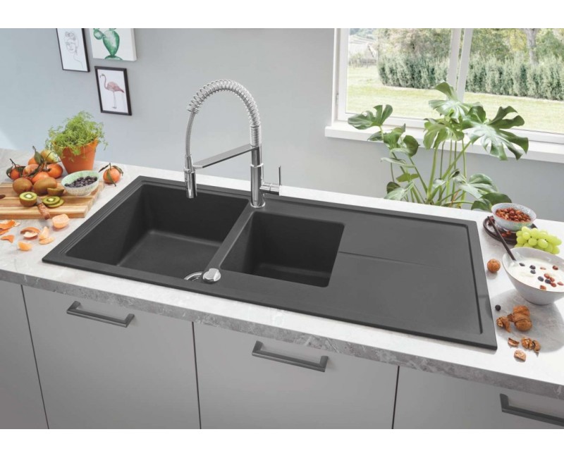Virtuves izlietne Grohe K400 Granīta ar automātisko noteci, 116x50cm, Whisper izolācija Melna 31643AP0