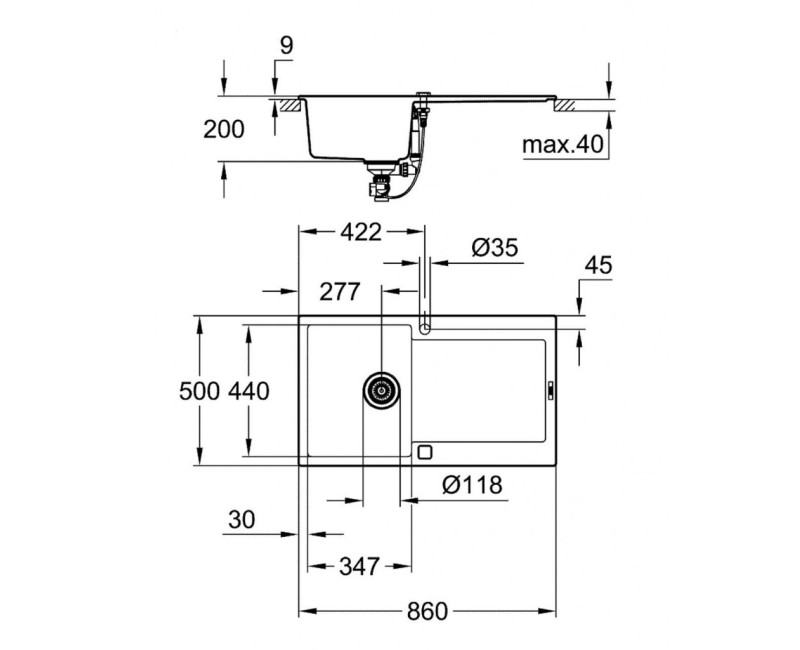 Virtuves izlietne Grohe K400 Granīta ar automātisko noteci, 86x50cm, Whisper izolācija Melna 31644AP0