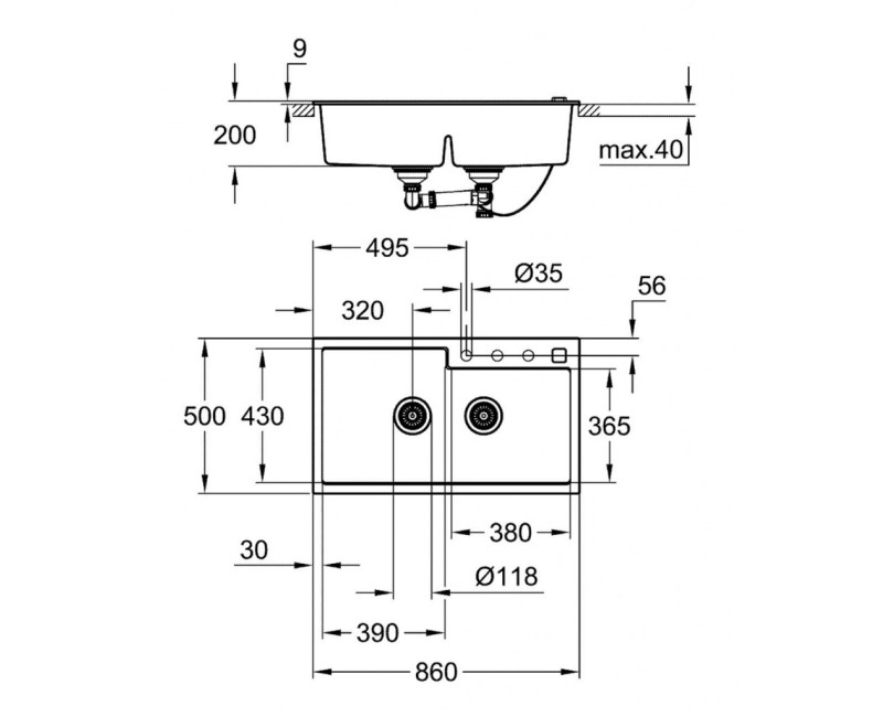 Virtuves izlietne Grohe K400 Granīta ar automātisko noteci, dubulta 86x50cm, Whisper izolācija Melna 31649AP0