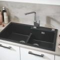 Virtuves izlietne Grohe K400 Granīta ar automātisko noteci, dubulta 86x50cm, Whisper izolācija Melna 31649AP0