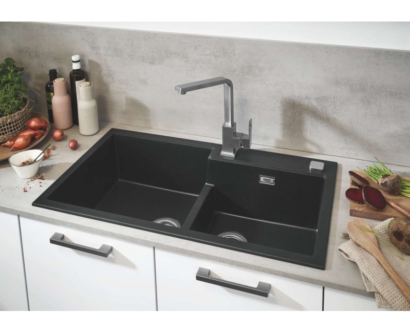 Virtuves izlietne Grohe K400 Granīta ar automātisko noteci, dubulta 86x50cm, Whisper izolācija Melna 31649AP0