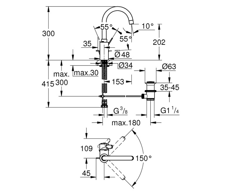 Vannas istabas Izlietnes maisītājs Grohe Eurosmart Cosmopolitan L-Size, ar pop up vārstu, hromēts  32830001