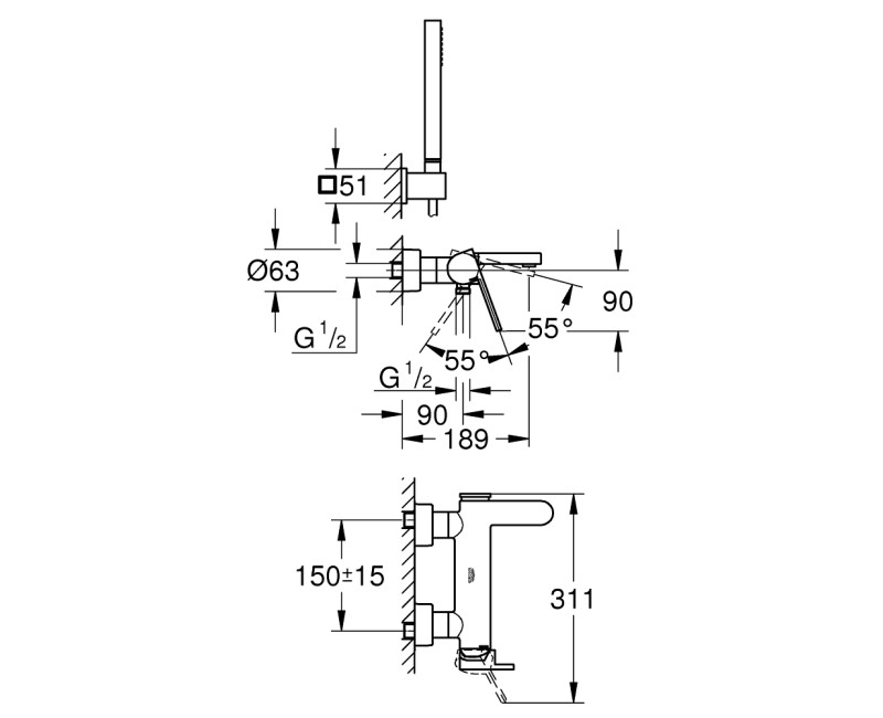 Vannas / Dušas maisītājs Grohe Plus ar dušas vadu un klausuli, hromēts  33547003