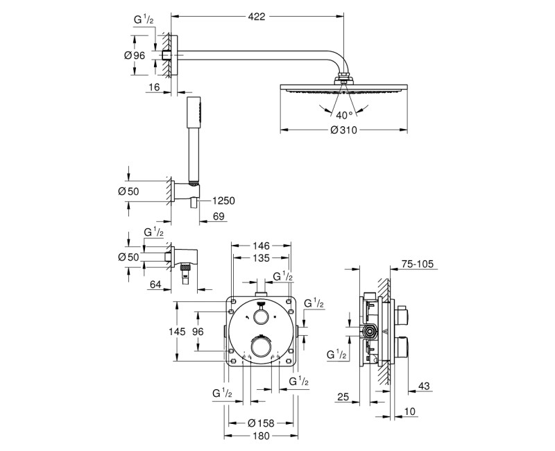 Dušas sistēma Grohe Grohtherm Perfect Cosmopolitan 310 iebūvējams Hromēts 34731000