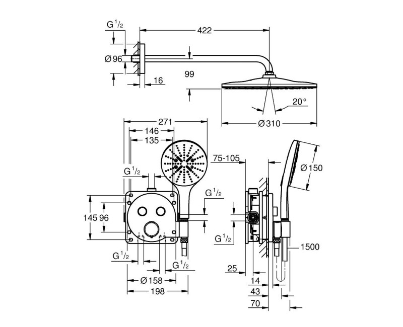 Dušas sistēma Grohe Precision SmartControl +Vitalio Rain Mono 310 iebūvējams Hromēts 34877000