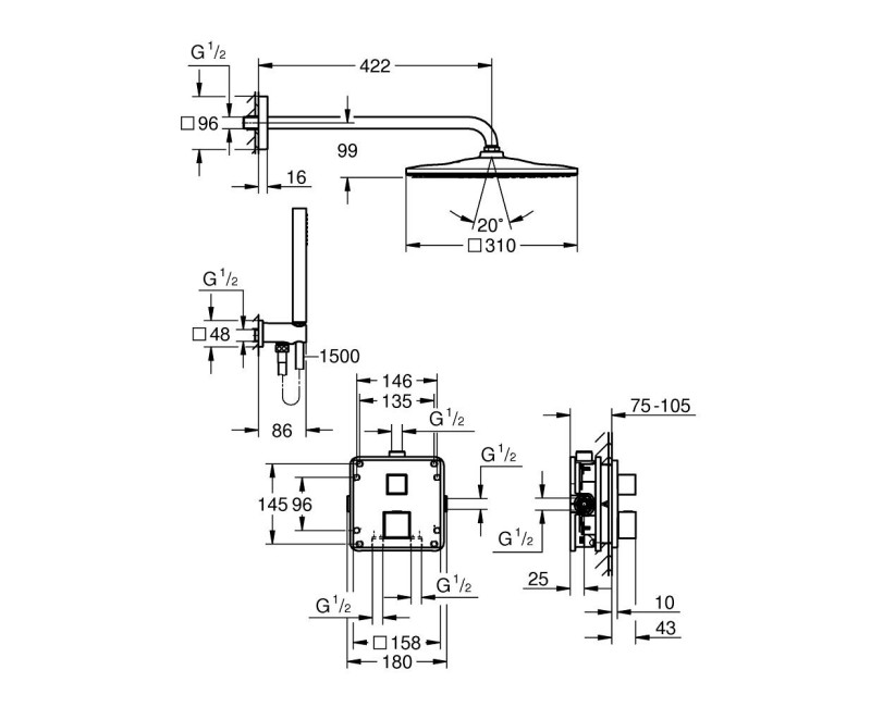 Dušas sistēma Grohe Precision Cube + Vitalio Rain Mono 310 Cube Hromēts 34879000