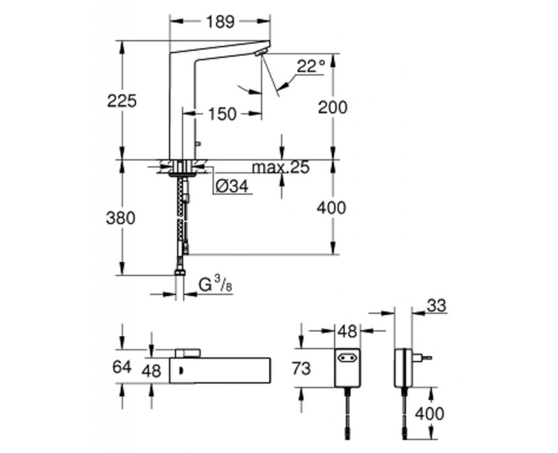 Vannas istabas izlietnes maisītājs GROHE Eurocube E ar sensoru iebūvējams, Long-Life® apdare, Hromēts 36440000
