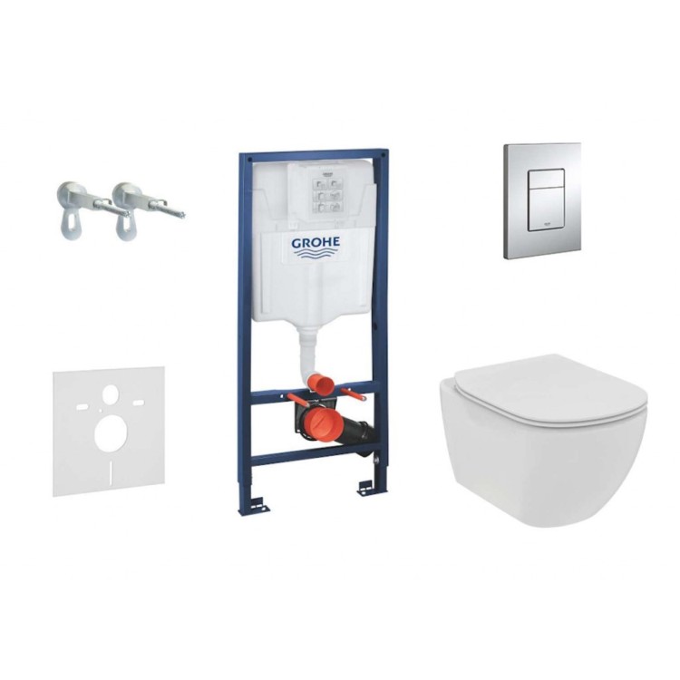 Tualetes poda komplekts Grohe Rapid SL rāmis ar podu Ideal Standard TESI Rimless, hromētu pogu Scate Cosmo un Soft Close vāku Tualetes poda komplekts Grohe Rapid SL rāmis ar podu Ideal Standard TESI Rimless, hromētu pogu Scate Cosmo un Soft Close vāku