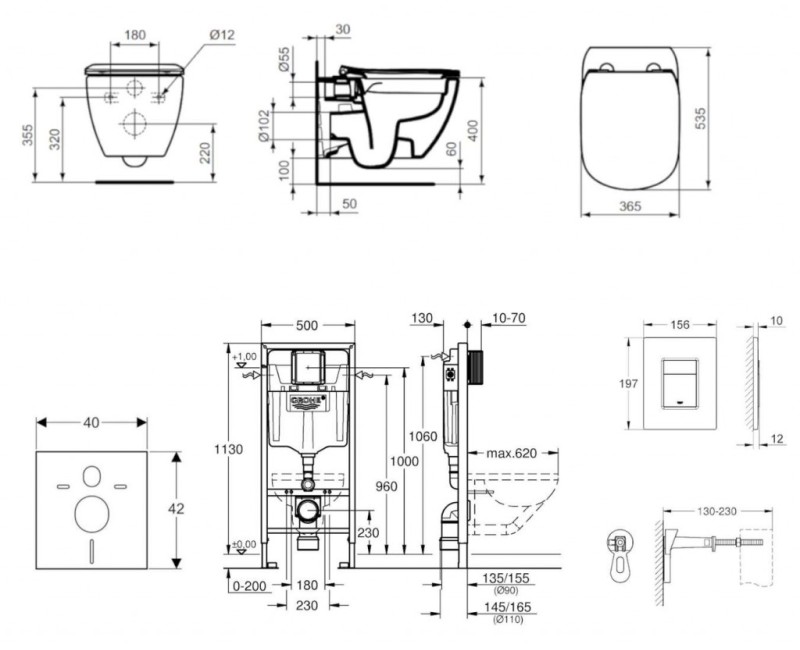 Комплект для унитаза Grohe Rapid SL с Rimfree унитазом Ideal Standard TESI, хромированной кнопкой Scate Cosmo и крышкой Soft Close