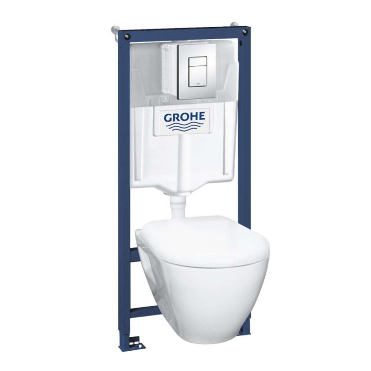 Tualetes poda komplekts Grohe Solido rāmis ar podu Bau Ceramic, Hromēta Skate Cosmopolitan poga un Soft Close vāku Tualetes poda komplekts Grohe Solido rāmis ar podu Bau Ceramic, Hromēta Skate Cosmopolitan poga un Soft Close vāku