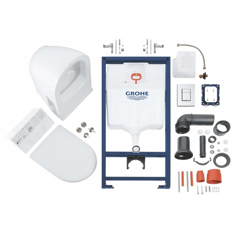 Tualetes poda komplekts Grohe Solido rāmis ar podu Bau Ceramic, Hromēta Skate Cosmopolitan poga un Soft Close vāku Tualetes poda komplekts Grohe Solido rāmis ar podu Bau Ceramic, Hromēta Skate Cosmopolitan poga un Soft Close vāku