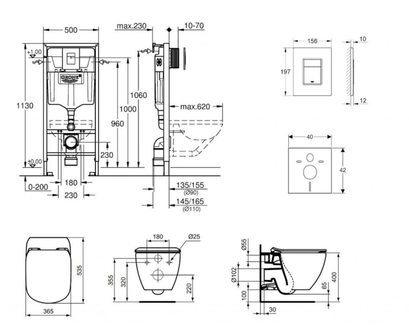 Tualetes poda komplekts Grohe Rapid SL rāmis ar podu Ideal Standard AQUABLADE®, hromētu pogu Scate Cosmo un Soft Close vāku