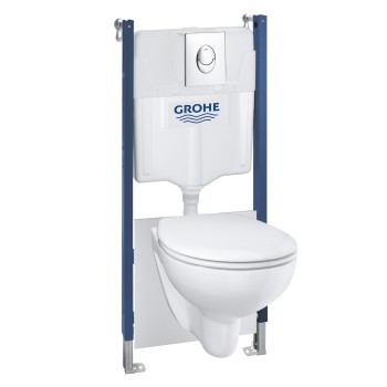 Tualetes poda komplekts Grohe Solido rāmis, Bau Ceramic Rimless pods, Hromēta poga un Soft Close vāku