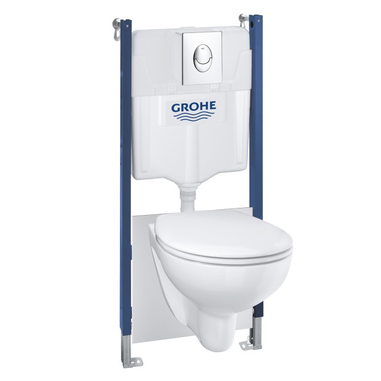 Tualetes poda komplekts Grohe Solido rāmis, Bau Ceramic Rimless pods, Hromēta poga un Soft Close vāku Tualetes poda komplekts Grohe Solido rāmis, Bau Ceramic Rimless pods, Hromēta poga un Soft Close vāku