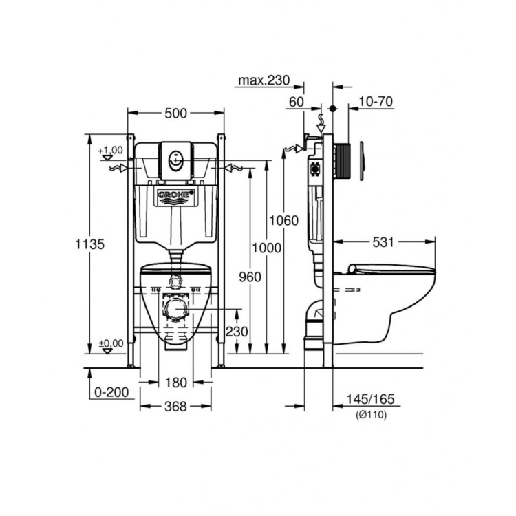 Tualetes poda komplekts Grohe Solido rāmis, Bau Ceramic Rimless pods, Hromēta poga un Soft Close vāku Tualetes poda komplekts Grohe Solido rāmis, Bau Ceramic Rimless pods, Hromēta poga un Soft Close vāku