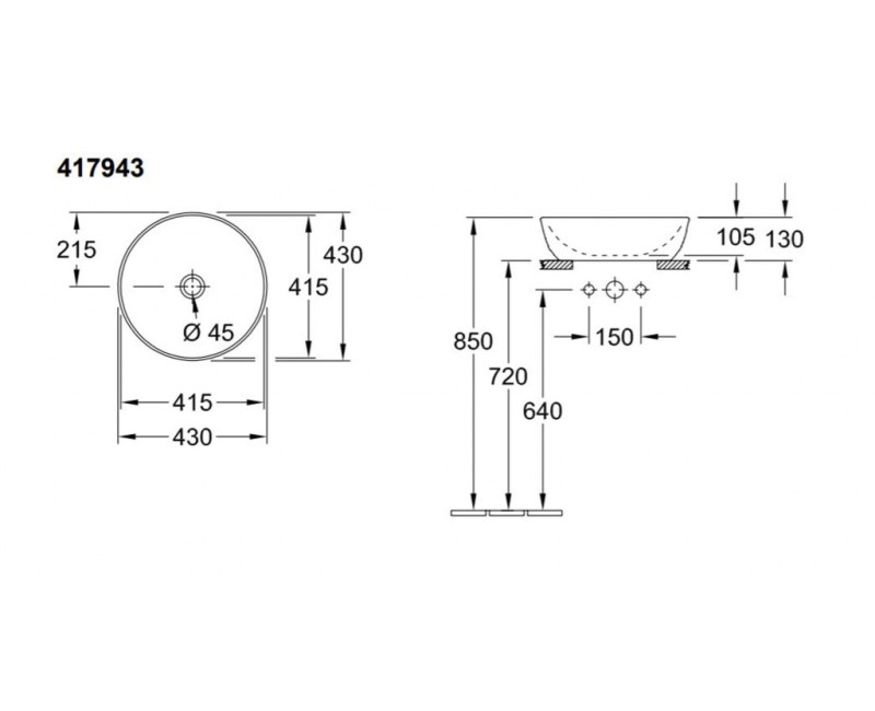 Vannas istabas izlietne Villeroy & Boch Artis D43cm, TitanCeram keramika ar CeramicPlus apdari 417943RW