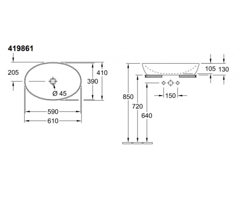 Vannas istabas izlietne Villeroy & Boch Artis 61x41cm, uz virsmas, Balta
