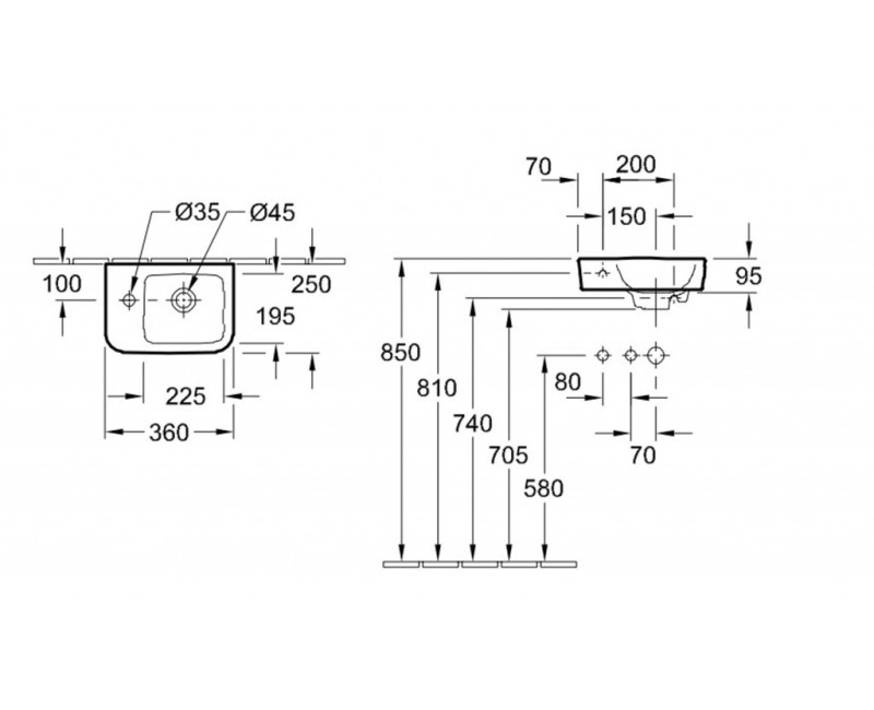 Раковина для ванной Villeroy & Boch O.novo Compact 36x25 см, левая сторона, белая 43423601