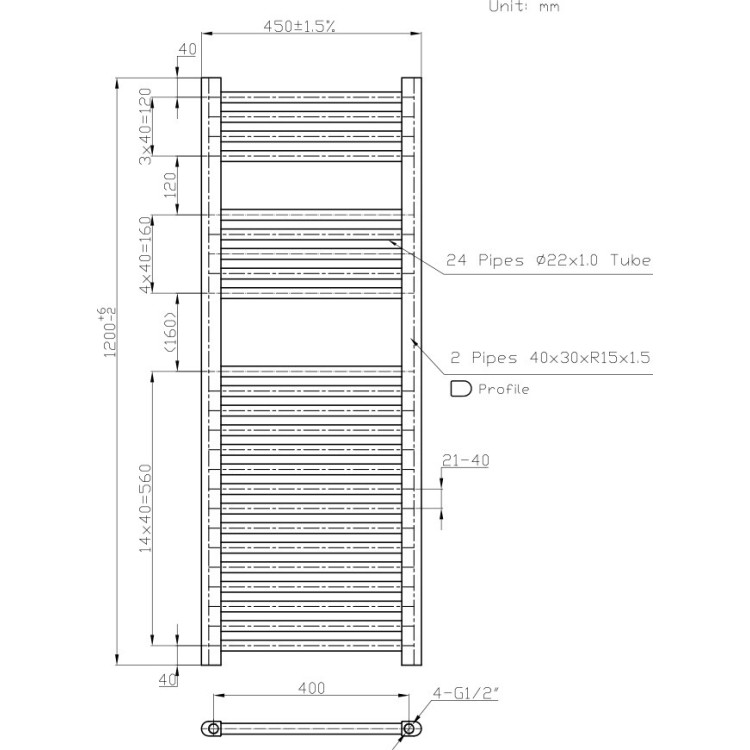 Dvieļu žāvētājs / Radiators Novaserviss 450x1230mm Hromēts 450/1200/R,0