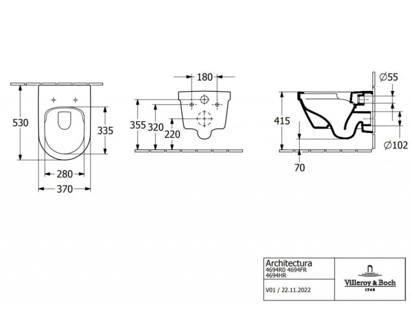 Подвесной унитаз Villeroy & Boch Architectura Rimfree Flush, без крышки, Белый 4694R001