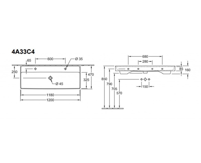 Раковина для ванной Villeroy & Boch Collaro 120x47 см, керамика TitanCeram с покрытием CeramicPlus, двойная, цвет «белый камень» 4A33C4RW