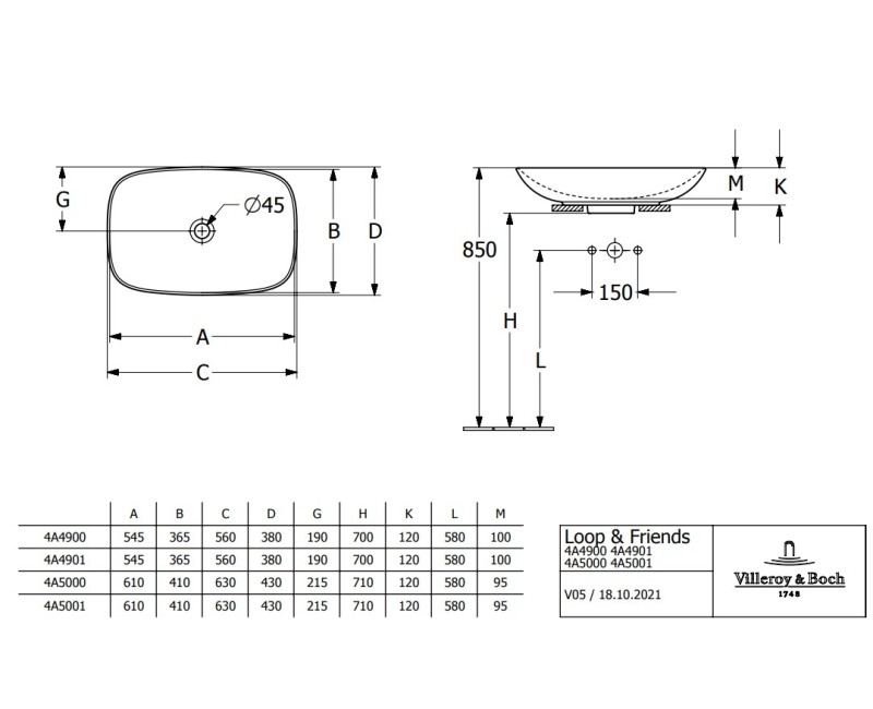 Vannas istabas izlietne Villeroy & Boch Loop&Friends 62x42cm TitanCeram keramika ar CeramicPlus apdari, Uz Virsmas, Balta 4A5001R1