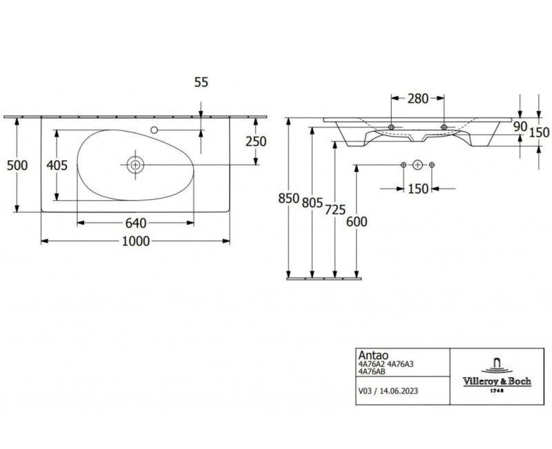 Vannas istabas izlietne Villeroy & Boch Antao Furniture 100x50 TitanCeram keramika ar CeramicPlus apdari, Melna 4A76ABR7