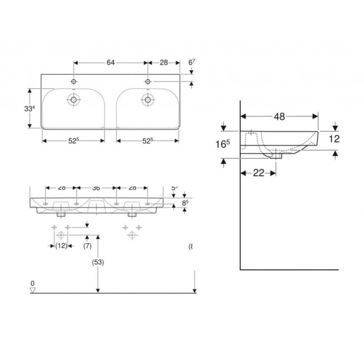 Раковина для ванной Geberit Smyle Square 120x48 см с 2 отверстиями Белый