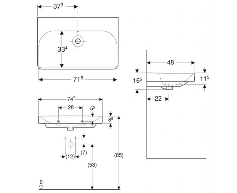 Раковина для ванной Geberit Smyle 75x48x17 см (без отверстия под смеситель) Белая 500.249.00.2